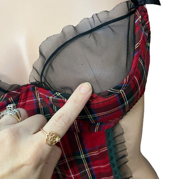 Fredericks Of Hollywood Tartan Plaid Apron Style Nightie Lingerie Medium Ruffle - Picture 4 of 9